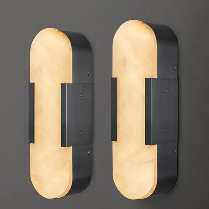 Alabaster Wall Sconces Set of 2, 13.8" Black Natural Marble Wall Sconce, Hardwired Bathroom Vanity Lights, Modern Indoor Wall Lighting for Bedroom, Living Room