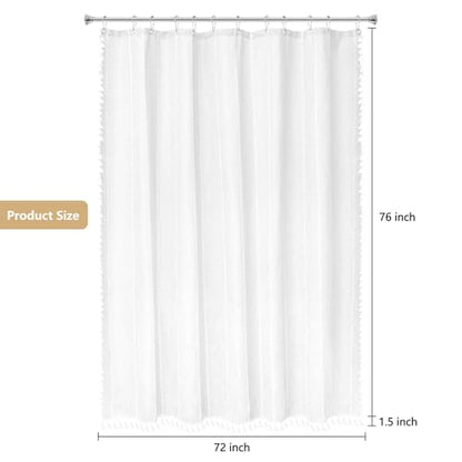 Seenus 72 x 76 inch Extra Long Boho Farmhouse Shower Curtain Heavyweight with Tassels, Soft Linen Textured Fabric Shower Curtain French Country, Elegant White Striped Bathroom Curtain Water Repellent - color: White, size: 72"W x 76"L (Pack of 1)