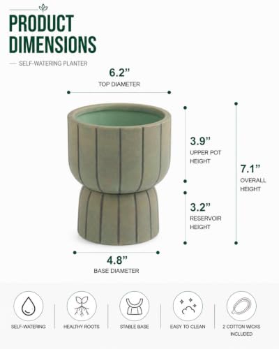 Self Watering Pots for Indoor Plants, 6 Inch Ceramic African Violet Pot - color: Green 6″