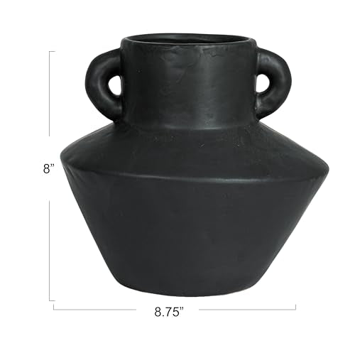Bloomingville Round Stoneware Vase with Reactive Glaze Finish and Vertical Handles, Black - color: Black