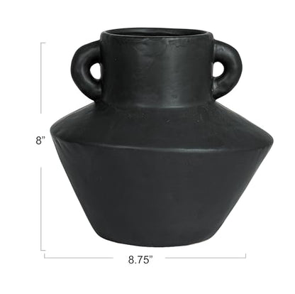 Bloomingville Round Stoneware Vase with Reactive Glaze Finish and Vertical Handles, Black - color: Black