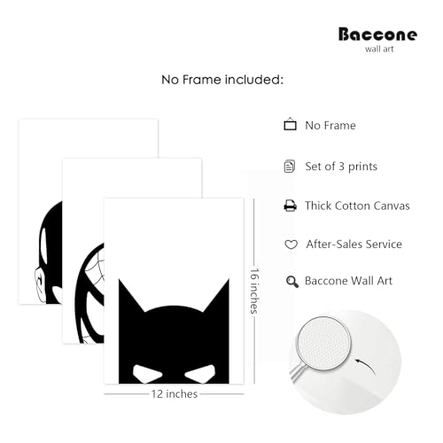 Baccone Spiderman Wall Art Boys Room Canvas Wall Decor Black White Wall Art Spiderman Pictures Painting Boys Posters Nursery Artwork for Living Room Bedroom 12x16 Inch Unframed Set of 3 - color: Superhero Prints, size: 12x16 Inch Unframed