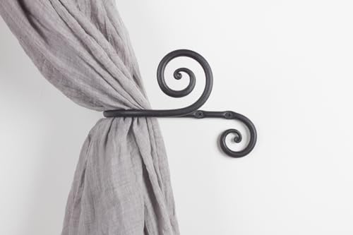 RTZEN Decorative Metal Curtain Tiebacks - Farmhouse Wrought Iron Curtain Holdbacks - Drapery Holders for Wall - Unique Metal Tie Backs for Curtains - 2 Pcs (Black Swirly) (Pack of 2) - size: Large (Pack of 2), style: Swirly