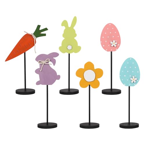 JIALEIXI 6PCS Wooden Easter Decorations, Spring Bunny Rabbit Egg Flower Table Sign, for Home Indoor Party Holiday Summer Farmhouse Decor