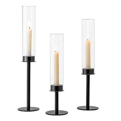 Hewory Black Candlestick Holders: 3PCS Glass Hurricane with Metal Base - color: Black, size: 3pcs