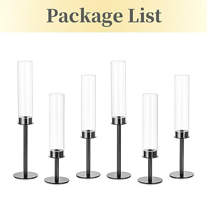 Hewory Black Candlestick Holders: 6PCS Glass Hurricane with Metal Base - color: Black, size: 6pcs