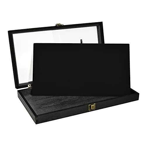 MOOCA Wooden Jewelry Display Case, Pocket Knife Display Case with Tempered Glass Top Lid and Removable Black Luxurious MDF Velvet Jewelry Pad, Black Color - color: 2) Black
