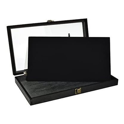 MOOCA Wooden Jewelry Display Case, Pocket Knife Display Case with Tempered Glass Top Lid and Removable Black Luxurious MDF Velvet Jewelry Pad, Black Color - color: 2) Black