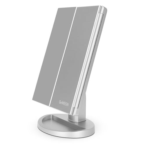 deweisn Dresser Mount Tri-Fold Lighted Vanity Mirror with 21 LED Lights, Touch Screen and 3X/2X/1X Magnification, Two Power Supply Modes Make Up Mirror,Travel Mirror - color: Silver