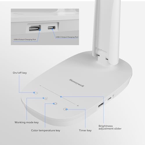 Honeywell HWT-H2 LED Desk Lamp, Eye-Caring Full Spectrum, USB Charging - color: White