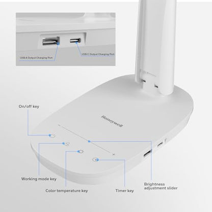 Honeywell HWT-H2 LED Desk Lamp, Eye-Caring Full Spectrum, USB Charging - color: White