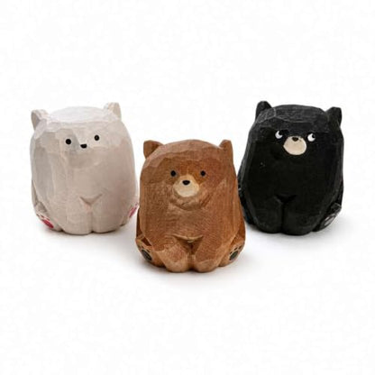 3 Pack Mini Sitting Wooden Bear Figurines, 1.4 Inch Desk Decor