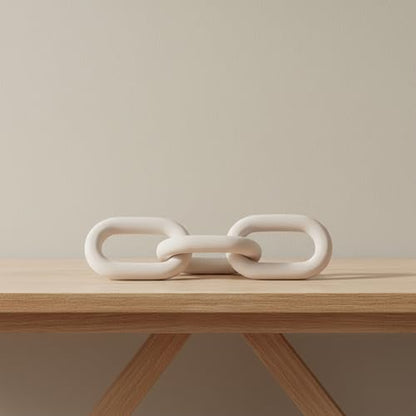 Wooden Chain Link Sculpture for Home Decor - Accent Display for Bathroom, Office, and Living Room - Handcrafted Link for Shelf Styling - Modern Room Coffee Table Decor Ornament, 4", White