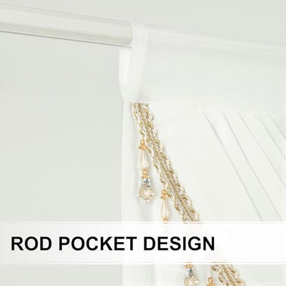 VOGOL Sheer White Waterfall Valance with Beaded Tassels, 138 x 43, 1 Panel - color: White-beaded, size: 138"W x 43"L (Pack of 1)