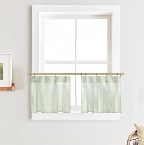 Lino Rosa Sage Green Kitchen Curtains Small 18 Inch Length Sheer Pinch Pleated Curtains with Hooks for Bathroom Window - color: Sage Green, size: 24"W x 18"L (Pack of 2)