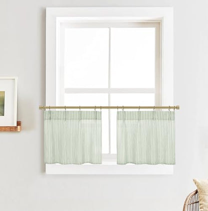 Lino Rosa Sage Green Kitchen Curtains Small 18 Inch Length Sheer Pinch Pleated Curtains with Hooks for Bathroom Window - color: Sage Green, size: 24"W x 18"L (Pack of 2)
