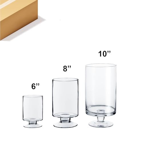 WGVI Clear Glass Pedestal Hurricane Candle Holder, 6"+8"+10" H, Decorative Vase for Pillar Candles, Short Stemmed Candleholder Cylinder, Tabletop, Home Décor, 1 Set of The Smaller 3 Sizes - size: 6", 8", 10" H (3-Piece Set)