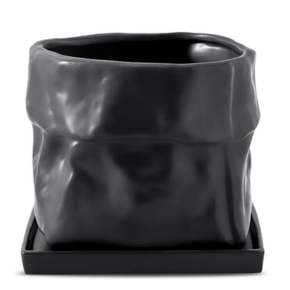 Nihow 8 Inch Ceramic Plant Pot with Drainage & Square Saucer,Black - color: Black, size: 8 Inch
