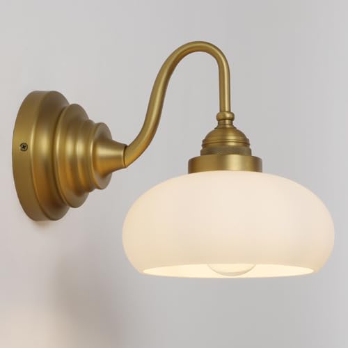 Vintage Curved Arm Sconce Wall Lighting with Milk White Glass Shade,Industrial Bathroom Vanity Wall Mounted Lamp Fixture for Living Room Bedroom Stairwells - color: Antique