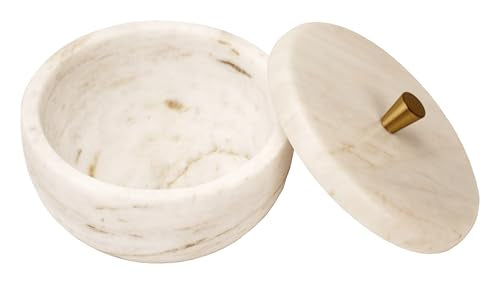 White Marble Storage Box with Copper Knob – Round Decorative Organizer for Jewelry, Trinkets, Bathroom or Office – Natural Marble with Soft Padded Bottom, 5" Diameter x 3.7" H, 3.3 lb