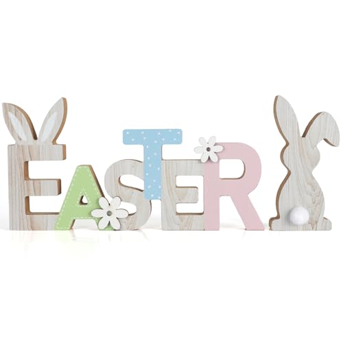 COCHIE Vintage Happy Easter Sign, Wooden Spring Decorations for Home, Office, Shelf, Mantel, Indoor, Wood Farmhouse Bunny Decor, Pink Blue Green Table Top Party Supplies Decoration (Easter Bunny) - color: Easter Bunny