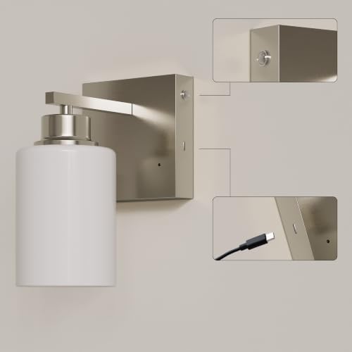 Wireless Battery Operated Wall Sconce Set of Two, Modern White Glass Nickel | Dimmable, Easy Install Rechargeable Wall Lights with Timer Remote for Living Room Bedroom, Emergency 3000K - color: Nickel(White Lampshades)