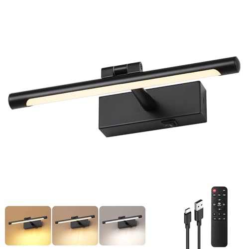 12.6 Inch Black Battery Operated Picture Light with Remote - color: Black, size: 12.6 In