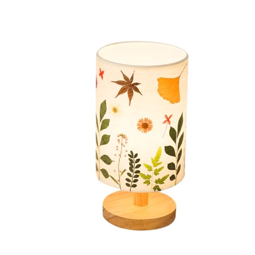 Pressed Flowers Table Lamp 5W LED 3Color Temperatures Dried Flower Bedside Lamp Linen Shade with Wood Base for Bedroom Living Room Desk Office - color: Leaf-3-Color