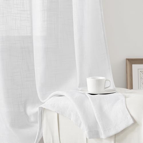 HOMEIDEAS White Linen Textured Sheer Curtains, 52 X 108 Inch, 2 Panels - color: White, size: 52"W x 108"L (Pack of 2)