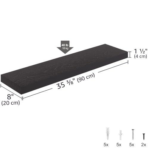 Ballucci Floating Shelf, 36" Wood Wall Shelf with Invisible Brackets for Bathroom, Living Room, Bedroom, Kitchen, Nursery, 8" Deep, Black - color: Black, size: 35.4 inches