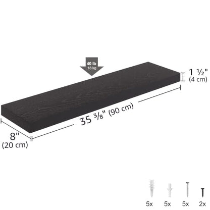 Ballucci Floating Shelf, 36" Wood Wall Shelf with Invisible Brackets for Bathroom, Living Room, Bedroom, Kitchen, Nursery, 8" Deep, Black - color: Black, size: 35.4 inches
