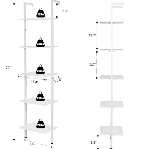 ELYKEN Ladder Shelf, 5-Tier Wood Wall Mounted Ladder Bookshelf - color: White