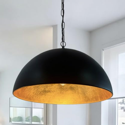 23.6 Inch Large Dome Pendant Light- Black and Gold Pendant Light with Gold Leaf Interior, Farmhouse Industrial Chandelier for Long Dining Table, Bar, Cafe - size: 23.6" Dome