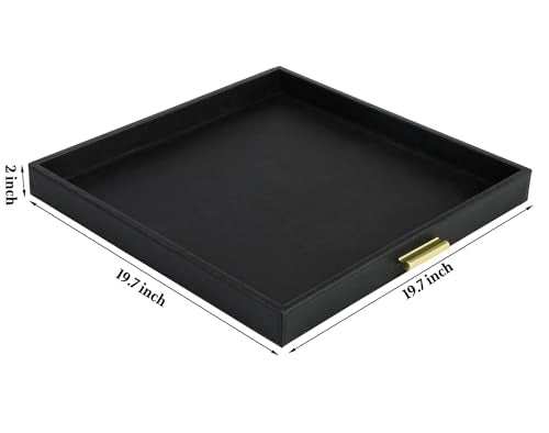 HofferRuffer Elegant Decorative Serving Tray, 20"x20" Square Faux Leather Ottoman Tray with Gold Hardware Handles, Coffee Table Serve Tea, Coffee or Breakfast (Black) - color: Black, size: 20" x 20" x 2"