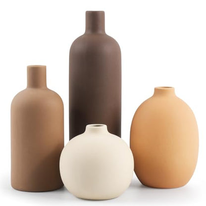 Ceramic Neutral Vase Set of 4 for Farmhouse Home Decor, Rustic Decorative Vases for Boho Living Room Centerpieces, Entryway Decorations, Coffee Table, Bookshelf, Fireplace Mantel