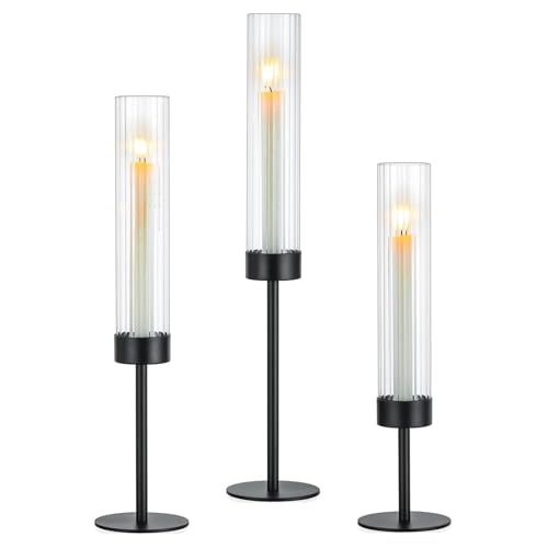 Hewory Black Taper Candle Holders: Candlestick Holders Set of 3 Hurricane Glass Tall Candle Holder for Candlesticks Candle Sticks Holder Decor for Table Centerpiece Wedding Party Christmas Decorations - color: Black, size: 3PCS