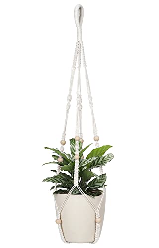 32inch Macrame Plant Holder,Indoor Hanging Planters with Wood Beads No Tassels Boho Home Decor (Ivory) - color: Ivory