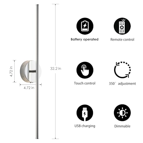 KARTOOSH Battery Operated Wall Sconces Set of Two Wireless Wall Lights - color: Chrome, size: 32.2 Inches