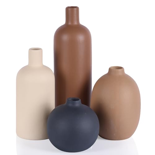 Ceramic Neutral Vase Set of 4 - Modern Decorative Flower Vases Home Decor, Rustic Farmhouse Table Decor for Living Room, Shelves, Entryway, Mantel, Boho Pottery Vases for Bouquets, Pampas, and Gifts - color: Terracotta Mix