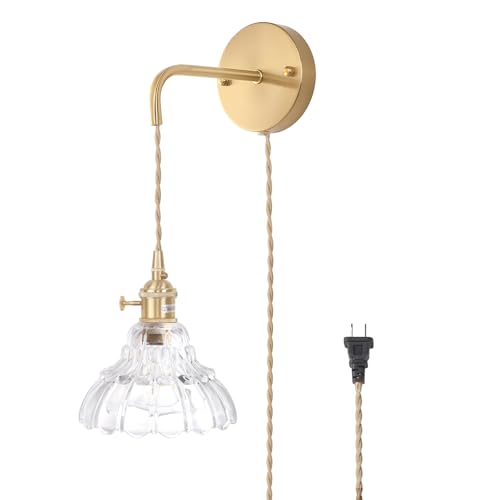 Shenmoyl Vintage Wall Sconce with Clear Lily of the Valley Glass Shade Hanging Wall Sconce with 4.9FT Plug in Cord, Modern Wall Lamp Fixtures Decor for Bedside Bedroom Indoor Doorway - color: Lily of the Valley-Clear, size: 1Pack-Plug in