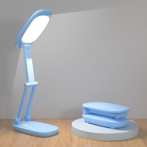 Akejrym LED Desk Lamp for Office & Home, Battery Operated, Foldable & Portable Light, 2-Fold Bracket, 3 Brightness Dimmable, Wireless Reading Lamp (Blue) - color: Blue