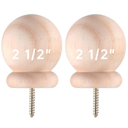 2 Pack Bed Post Finials 2.5" Round Wood Ball Curtain Rod Finial with Screw - size: 2.5 Inch