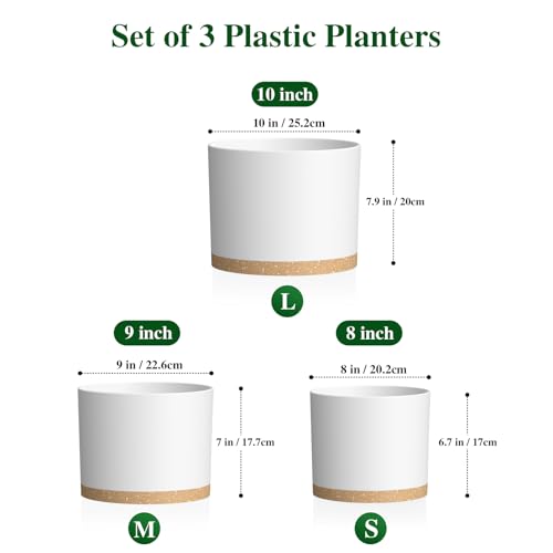 Plant Pots, 10/9/8 Inch 3 Pack Cylindrical Flower Pots with Drainage Holes and Saucers, Plastic Planters for Outdoor Indoor Plants,White Brown - color: White With Brown