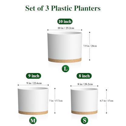 Plant Pots, 10/9/8 Inch 3 Pack Cylindrical Flower Pots with Drainage Holes and Saucers, Plastic Planters for Outdoor Indoor Plants,White Brown - color: White With Brown