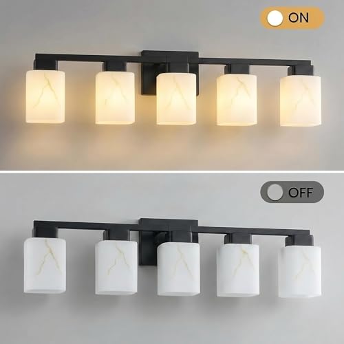 5-Light Square Bathroom Light Fixture, Black Modern Vanity Light with White Marble Glass Shade, for Bathroom Mirror, Living Room, Bedroom, Hallway, E26 Base - color: Matte Black, size: 5-Light