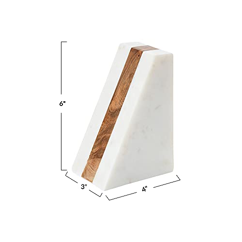 Main + Mesa Marble Geometric Bookends with Wood Inlay, White - size: 4" wide x 6" tall x 3" deep