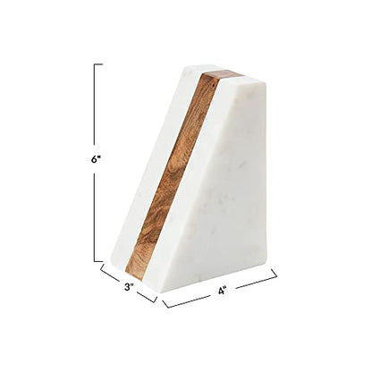 Main + Mesa Marble Geometric Bookends with Wood Inlay, White - size: 4" wide x 6" tall x 3" deep