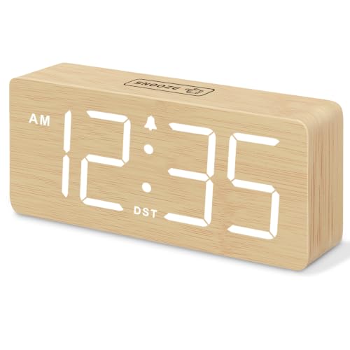 DreamSky Wooden Digital Alarm Clock for Bedroom with Large Numbers | Desk Clock for Living Room Office, Loud Alarm for Heavy Sleepers Adults, Volume Control, Dimmer, DST, Wood Decor (Plug-in) - color: Bamboo-white (Plug-in)