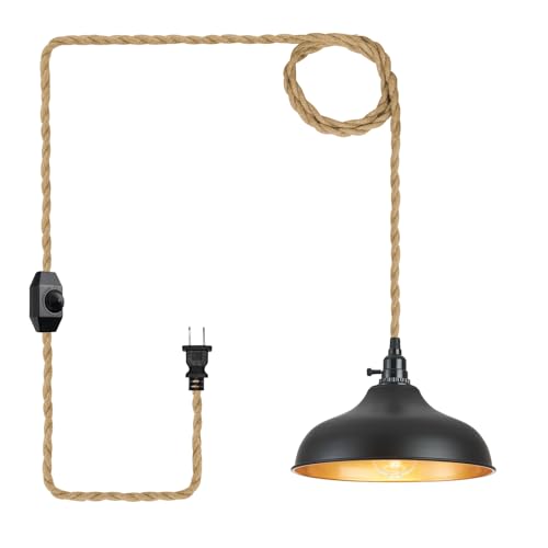 Plug in Pendant Lights Dome Hanging Lamp with Dimmable Switch 15 Ft Long Hemp Rope Farmhouse Pndant Light Cord Lighting Fixture DIY Hanging Light - color: B 1 Light