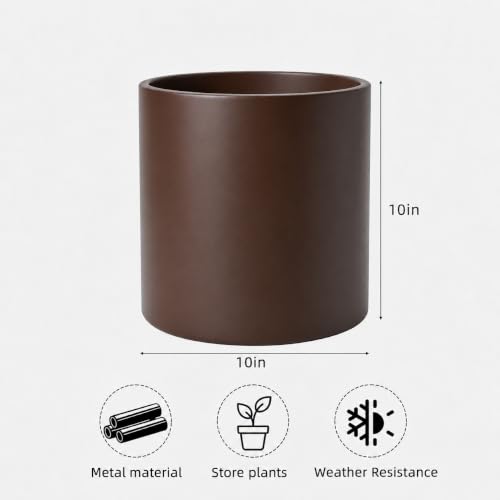 10 Inch Coffee Metal Plant Pot with Drainage Hole, Indoor Outdoor - color: 10 Inch Coffee